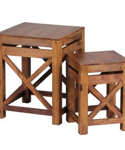 2er Set Beistelltisch PALI Massiv-Holz Sheesham Wohnzimmer-Tisch Design dunkel-braun Landhaus-Stil